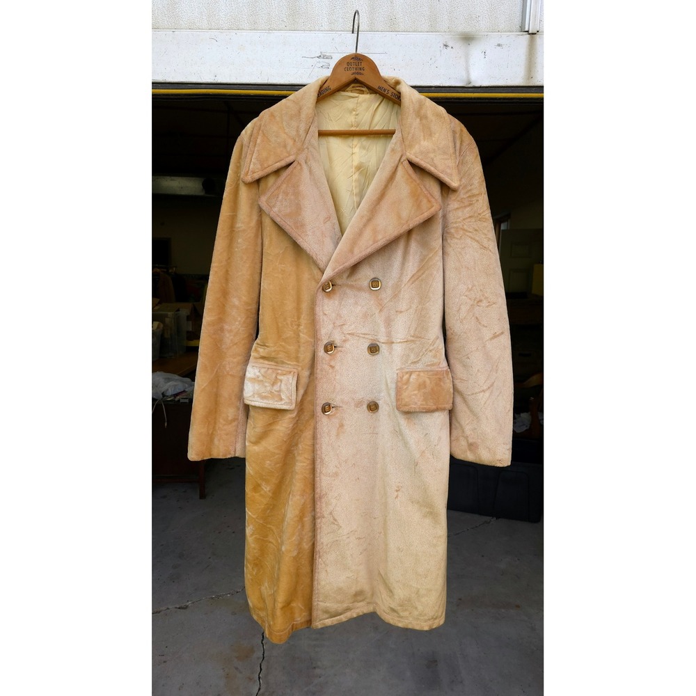 Vintage 1970s Velour Coat Tan Double Breasted Long Trench